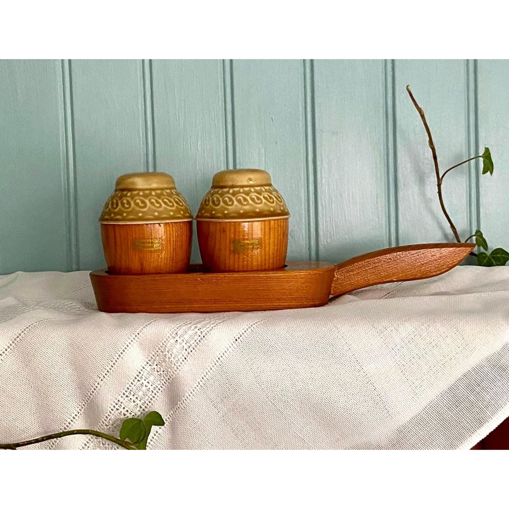 Vintage Salt and Pepper Shaker made in Japan Ceramic and Wood‎